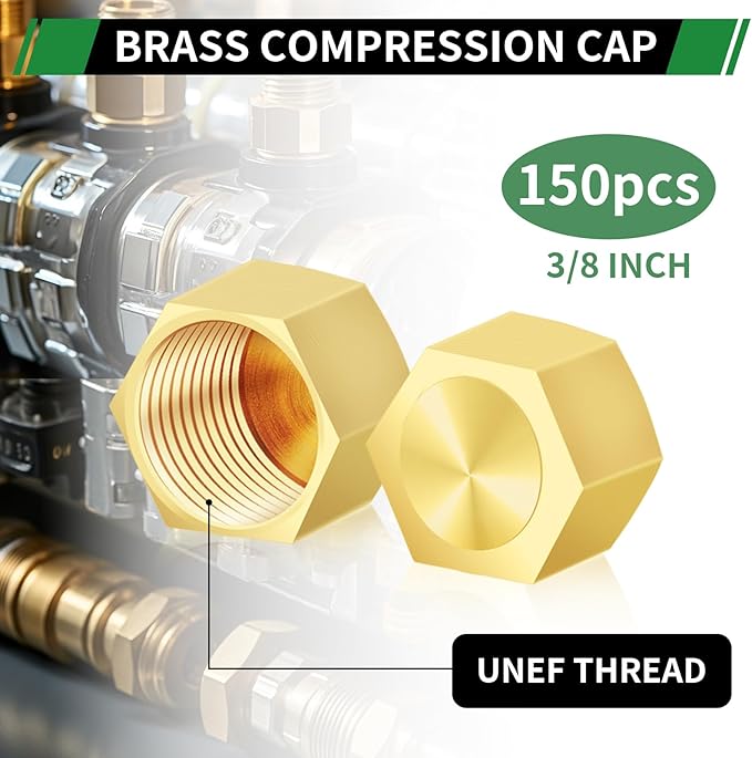 3/8" Compression Cap, 150pcs Brass Compression Fittings Hex UNEF Thread Stop Valve Tubing Ends Sealing Caps Hose Connector for Gas Garden Water Air Line
