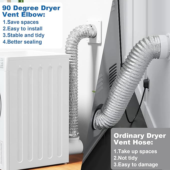Dryer Vent Connector Kit, 90 Degree Dryer Vent Elbow 4" Dryer Vent Hose with Wall Plate Screws Clamp Sealing Tape Set Indoor Vents Duct Pipe Tube Connection Connection Adapter for Tight Space