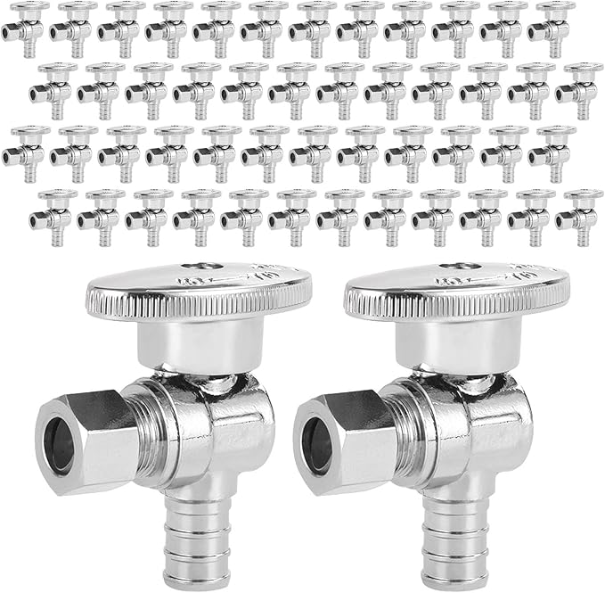 (Pack of 50) Seelink Pex Crimp 1/4 Turn Angle Stop Valve, 3/8" OD Compression x 1/2" Pex Barb Crimp (F1807), Chrome Plated Brass(VALVE076-50Pack)