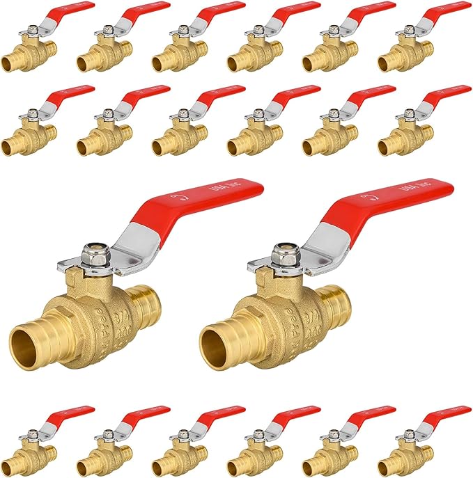 20-Pack Foskan 3/4 Inch PEX Crimp Full Port Ball Valve with Red Handle, Brass Quarter Turn Shut-off Valve for PEX Tubing