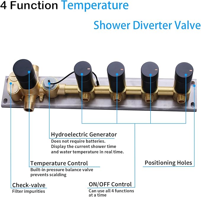 4 Way Shower Diverter Valve with Temperature Display Brass Rough-In Shower Mixing Valve Kit Replacement Can Work At The Same Time,Matte Black