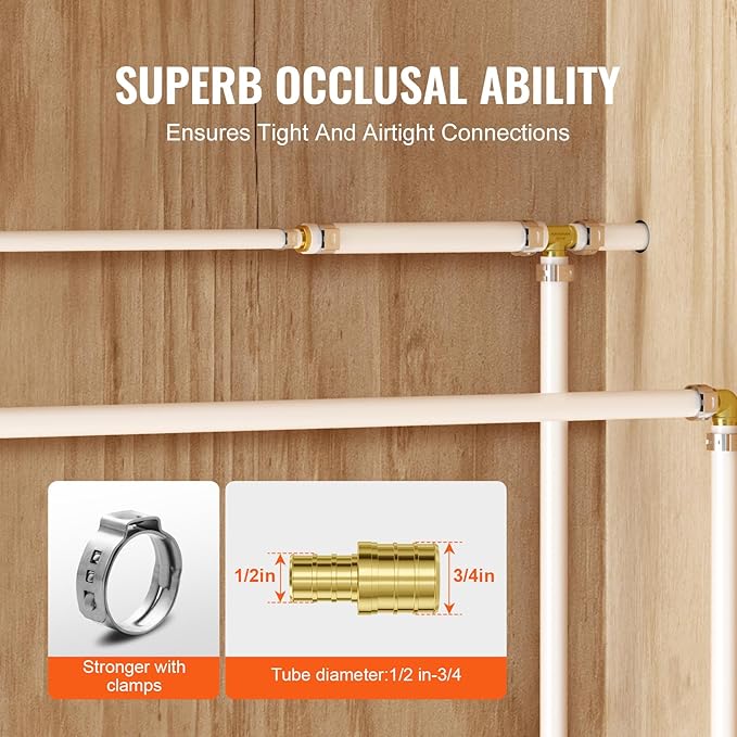 VEVOR Pipe Fittings, 1/2"-3/4" 50PCS Brass Pipe Fittings, Clamp-style 1/2 NPT Internal Thread Pipe Connector Brass Air Fittings, Plumbing Fittings NPT Adapter for Heating/Shower Systems, Water Pipes