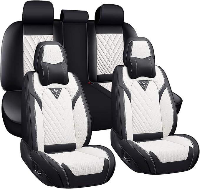 Car Seat Covers for Jaguar E-PACE 2018-2024,Breathable Nappa Leather Car Seat Protector,Full Seat Cover with Pillow Automotive Seat Cushion with Airbag Compatible(5 Seats,Black-White)