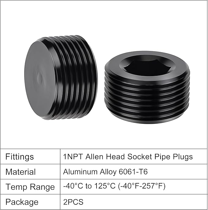 EVIL ENERGY 1" NPT Plugs Aluminum Socket Allen Head Black, Pack of 2