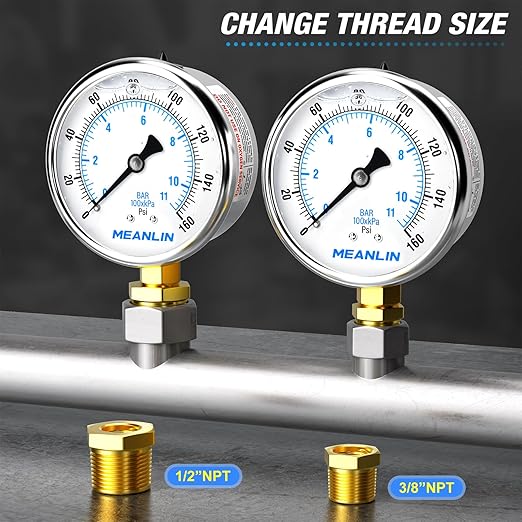 MEANLIN MEASURE 0~160Psi Stainless Steel 1/4" NPT 2.5" FACE DIAL Liquid Filled Pressure Gauge WOG Water Oil Air Lower Mount, with 1/2" NPT and 3/8" NPT Hex Bushing