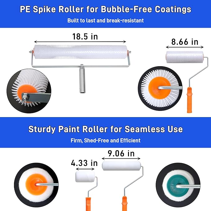 Self Leveling Cement Tool Kit- Epoxy Floor Tool Kit Includes Self-Leveling Rake, 2 Spiked Roller, 2 Flooring Construction Painter Roller, 16“-63” Telescopic Poles, Epoxy Spike Shoes and Gloves