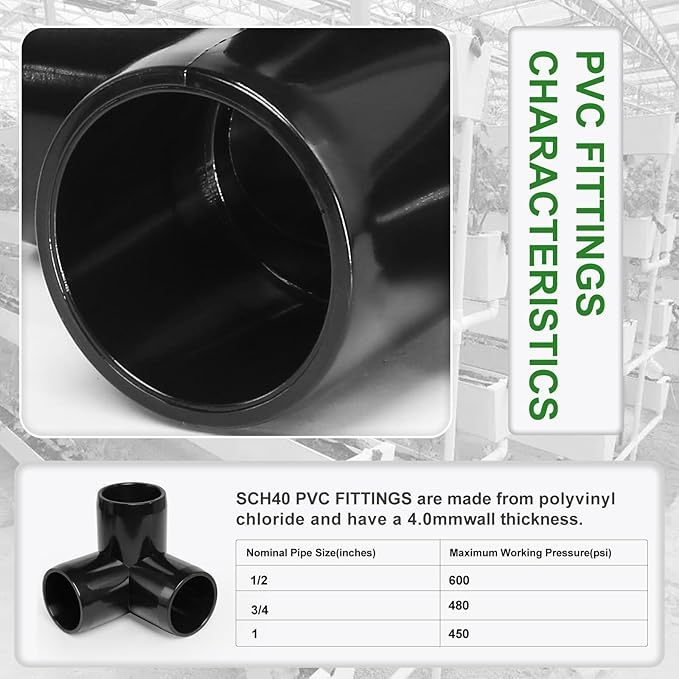 3 Way PVC Pipe Fittings 1 Inch, Zernmiarder Black PVC Elbow Corner Side Outlet Tee Fitting, SCH40 Furniture Grade Pipe Connectors - Fits 1" Polyvinyl Chloride Pipes, 4 Pieces