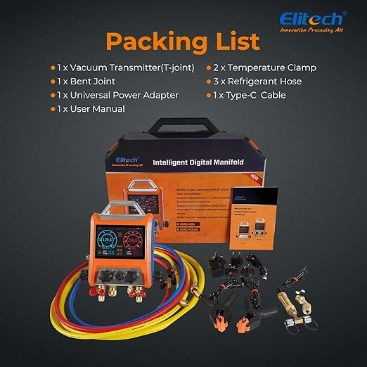 Elitech Digital Manifold Gauge HVAC 4 Valve Manifold Gauge with Hoses Vaccum Sensor Thermometer Clamps, EMG-40V