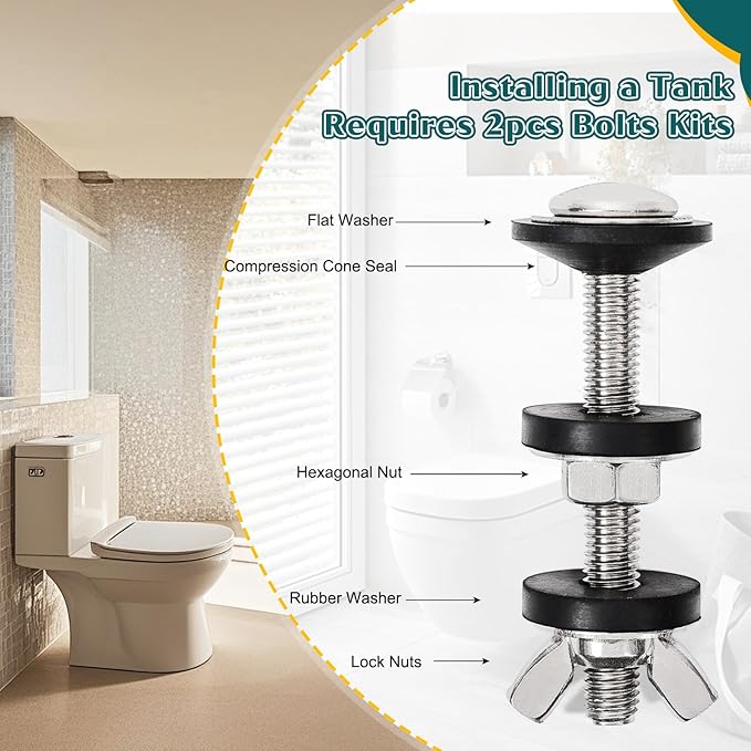 8PCS M8 Universal Toilet Tank to Bowl Bolts Kit, Heavy Duty Toilet Tank Bolts and Washers, 304 Stainless Steel Toilet Seat Bolts Kit, with Extra Long Nut Easy to Install (ΦM8, 8)