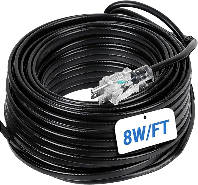 100FT Heat Tape for Roof and Gutters, 8W/FT Roof Snow De-Icing Kit w/ 45PCS Clips & Spacers, Self-Regulating Heat Cable, Roof Heat Tape for Ice Dam & Pipe Freeze Prevention, 120V, LED Plug