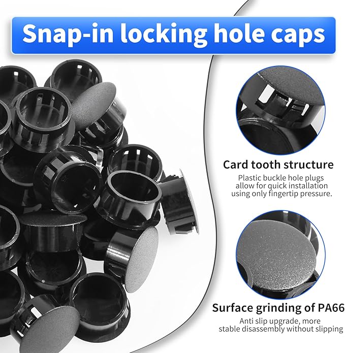 50 Pcs OD 0.85"(21.6mm) Black Hole Knockout Locking Plugs,Plastic Nylon Round Drilling Hole Plugs,Flush Type Panel Round Snap in Fastener,Tube Fastener Cover for Furniture Insert End Caps