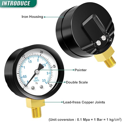 0-50PSI Well Pump Pressure Gauge 2" Dial Size, 1/8" NPT Lower Mount, 3-2-3% Accuracy, for Tube, Water Pump, Gas, Liquid, Pressure Test