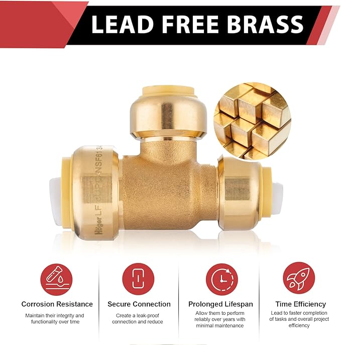 EFIELD Push-Fit Fitting 3/4" X 1/2" X 1/2" Tee to Connect Pex, Copper, CPVC Pipe with Two Size Disconnect Tool Clips,(PF129)