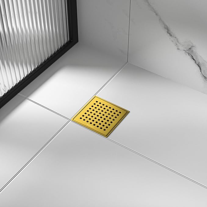 Square Shower Drain 4", 304 Stainless Steel Floor Drain w/Hair Strainer, Grid Shower Drain w/CUPC Certified (Brushed Gold, 4 Inch)