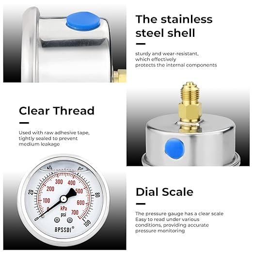 0-100Psi Glycerin Liquid Filled Low Pressure Gauge, 2.5" Dial Size, 1/4" NPT Back Mount, 304 Stainless Steel Case, for Water Pipe, HVAC, Water Oil Air Pressure Test