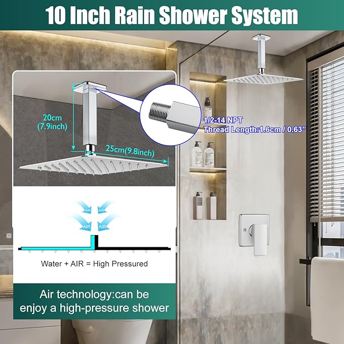 Heyalan Shower Faucet Set Square Stainless Steel Bathroom Rainfall Shower System One Handle Single Function Shower Trim Kit with Rough-in Valve Male Thread,Ceiling Mount,10 Inch,Polish Chrome