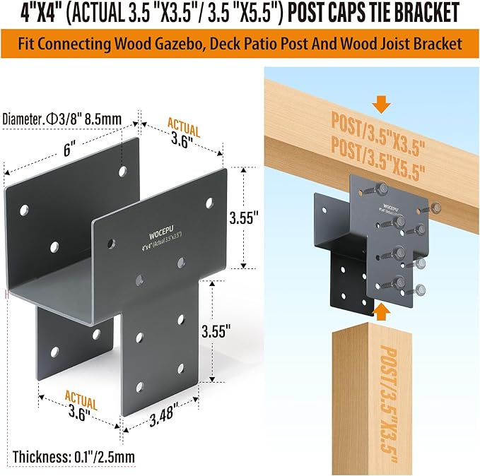4 Pack Heavy Duty 4x4 (Actual 3.5"x3.5") Stainless Steel Post Caps Tie Bracket, Fit Connecting Wood Gazebo, Deck Patio Post and Wood Beams Bracket (Dark Ggray)
