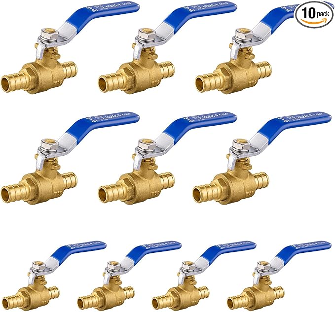 10 Pack Ball Valves, 1/2" Pex Crimp Shut Off Valve Blue, Brass Full Port Pex B Shut Off Ball Valve for Hot and Cold Water, NSF/ANSI 61 Certified