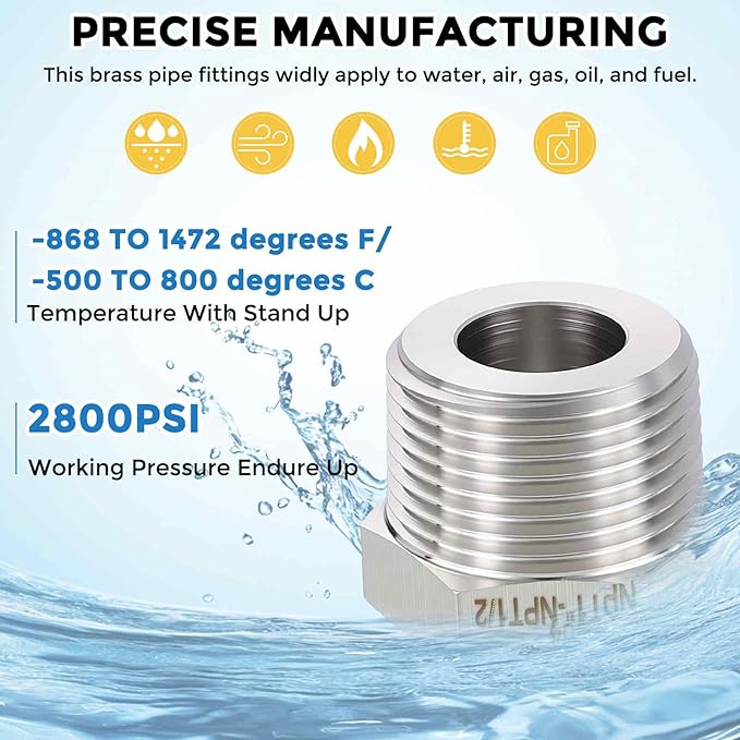 Pack of 5, 3/4" Male NPT to 3/8" FeMale NPT Solid 304 Stainless Steel Hex Bushing with Sealing Tape, Hose Fittings Adapter Reducer for Bathroom Remodel, Tool Extensions