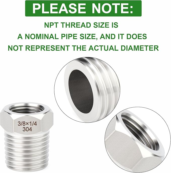 TAISHER 2PCS 304 Stainless Steel New Reducer Hex Bushing, 3/8" NPT Male x 1/4" NPT Female, Reducing Pipe Adapter Fitting