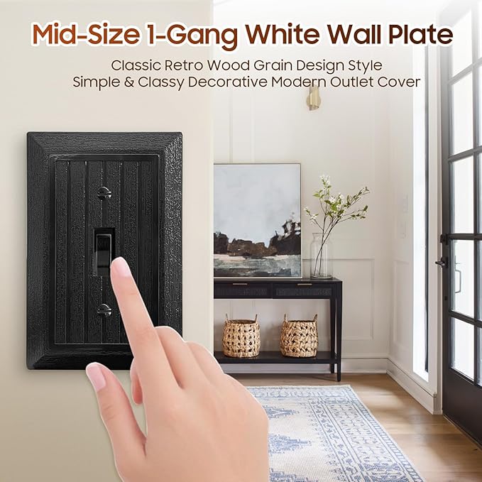 Black Light Switch Cover Plate, Modern Decorative Outlet Covers Wall Plates, Classic Retro Wood Grain Design Style (Mid-Size 1-Gang Single Toggle 4 Pack)