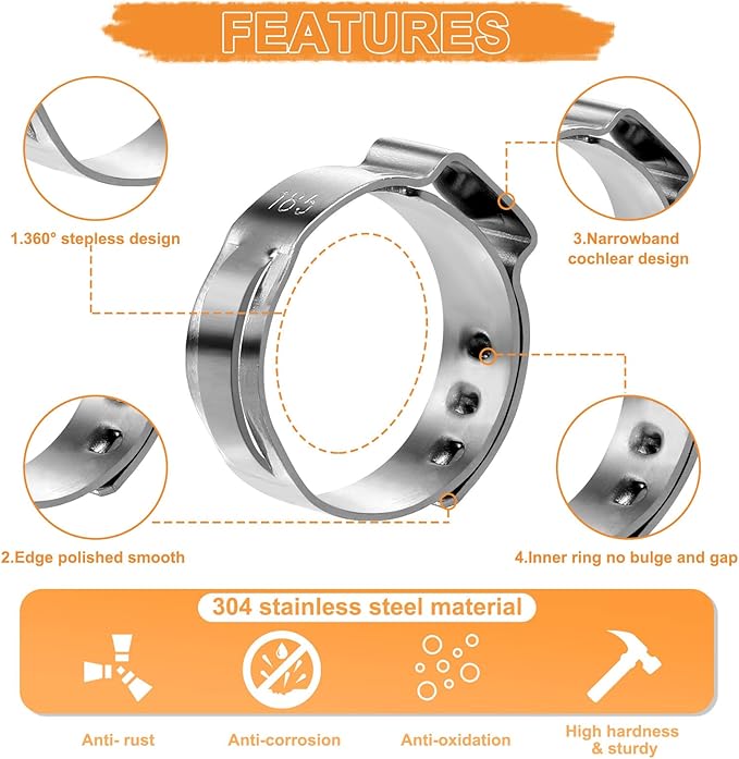𝟭𝟮𝟬𝗣𝗖𝗦 𝟭𝟭 𝗦𝗶𝘇𝗲𝘀 𝗦𝗶𝗻𝗴𝗹𝗲 𝗘𝗮𝗿 𝗛𝗼𝘀𝗲 𝗖𝗹𝗮𝗺𝗽𝘀 304 Stainless Steel, 6-33.1mm Stepless Cinch Rings Crimp Assortment Kit with Ear Clamp Pincer for Securing Pipe Hose By Hydencamm