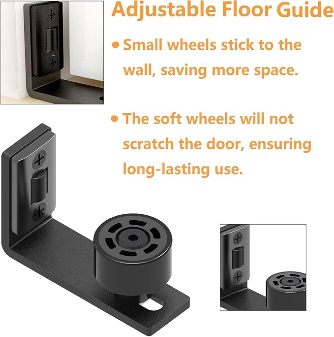Adjustable Floor Guide for Sliding Barn Door Bottom Roller Wall Mount Double Wheel No Punching Required System, Black 1 Pack, Smoothly and Quietly, Easy to Install