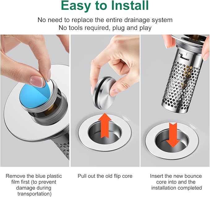 Bathroom Sink Drain Strainer,Pop-Up Sink Stopper Hair Catcher, Anti-Clog Stainless Steel Drain Filter Basket, Removable Sink Drain for Bathroom Sink Stopper Replacement (Silver-2)