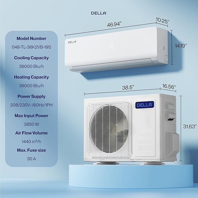 DELLA Vario Series 36,000 BTU 3 Ton 19 SEER2 Ductless Mini Split AC, Pre-Charged Heat Pump, 230V Energy Efficient Inverter System, Work with Alexa, Cools up to 2500 Sq.Ft, 16.4ft Installation Kit