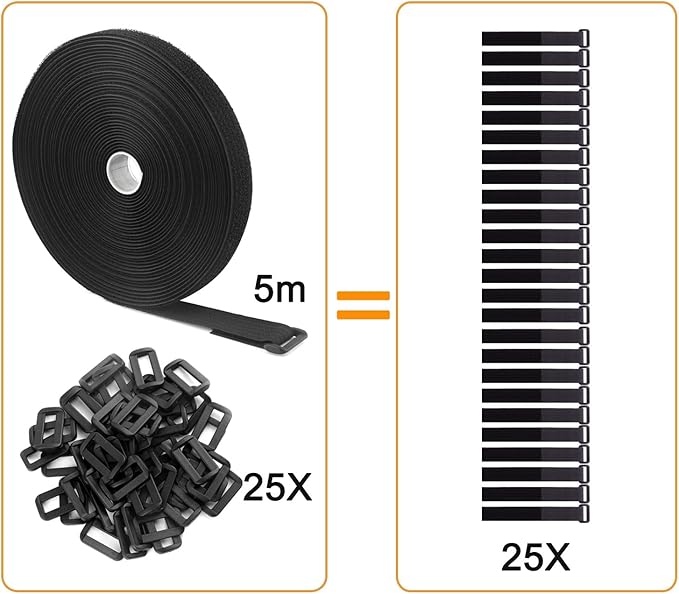 16Ft x 1In Adjustable Cable Straps with 25 Buckles, Free Cut Length, Black Reusable Fastening Cable Ties, Hook and Loop Securing Strap for Cable Tidy, Wire Management, Cord Organiser, Black