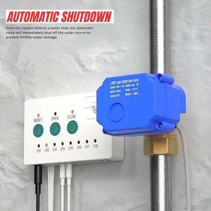 Water Leak Detector with 3/4” Brass Automatic Shut-Off Valve, Leak Alarm System with Controller and 2 Sensors, Supports Up to 8 Water Sensors for Home Flood Prevention