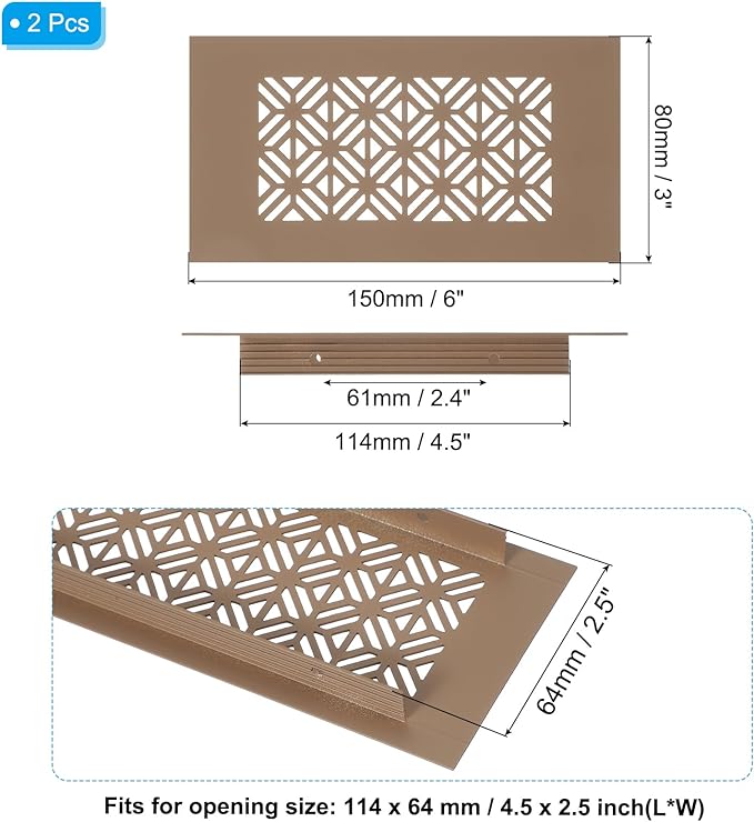 PATIKIL 6 x 3 Inch Door Air Vent Cover, 2 Pcs Heavy Duty Aluminum Grille Ventilation Cover Louvered with Mounting Screws for Cabinet Wardrobe Door, Brown