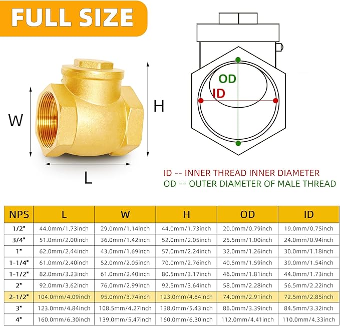 2-1/2" NPT Horizontal Check Valve, Brass Non Return Swing Check Valve to Prevent Water Backflow, Level One Way Counterflow Valve to Prevent the Medium Backflow for Oil Water Gas Air（2-1/2", DN65）