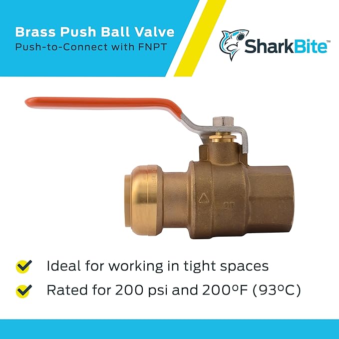 SharkBite 1 x 1 Inch Ball Valve with FNPT Connector, Push to Connect Brass Plumbing Fitting, PEX Pipe, Copper, CPVC, PE-RT, HDPE, 22187-0000LF