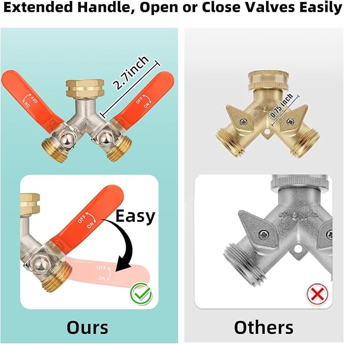 2 Way Hose Splitter, Brass High Flow Garden Hose Splitter Heavy Duty, Hose Connector, Water Spigot Splitter, Full Flow Faucet Splitter with shutoff, 3/4” GHT Inlet