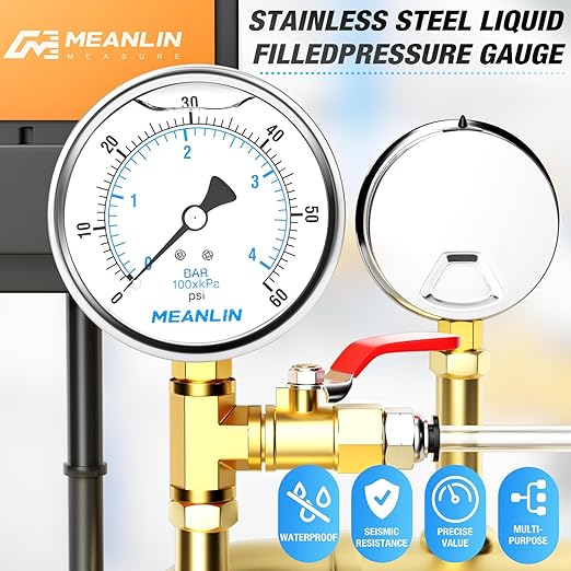 MEANLIN MEASURE 0~60Psi Stainless Steel 1/4" NPT 4" FACE DIAL Liquid Filled Pressure Gauge, Pool Sand Filter Water Pump Pressure Test Lower Mount, with 1/2" NPT and 3/8" NPT Hex Bushing