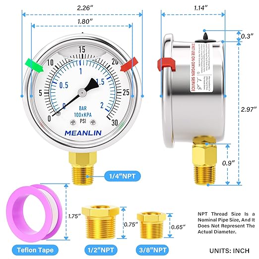 MEANLIN MEASURE 0~30Psi Low Liquid Filled Pressure Gauge Stainless Steel 1/4" NPT 2" FACE DIAL for Pool Sand Filter Water Oil Air Pressure Test Lower Mount, with Hex Bushing and 2PCS Snaps