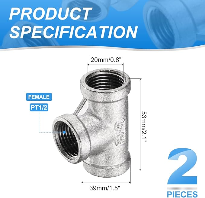uxcell 2 Pcs 304 Stainless Steel Tee Pipe Fittings G1/2" Female Tee Adapter 3 Way t Shaped Cast Pipe Fitting Connector with Seal Tape for Plumbing Drainage Pipes Heating Systems