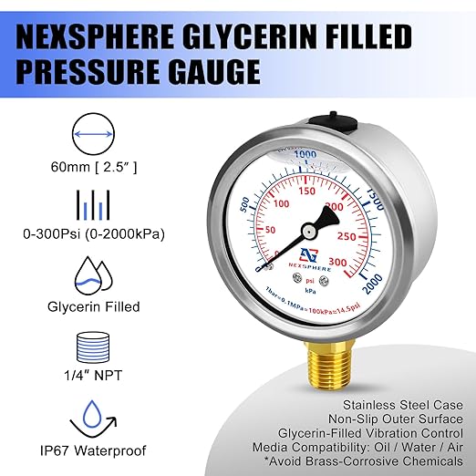 300 PSI Liquid Filled Pressure Gauge, 2.5" Dial, 1/4" NPT Lower Mount, 304 Stainless Steel Case, Glycerin-Filled Manometer for Air Compressor, Oil, Water, HVAC, and Gas Applications