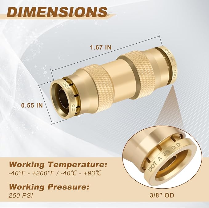 3/8" Quick Push to Connect Fittings Brass Union Straight Joint DOT Approved 3/8 inch tube OD Air Line Adapter Air Spring Suspension Kit for Car Truck Trailers and Air Brake System 5pcs
