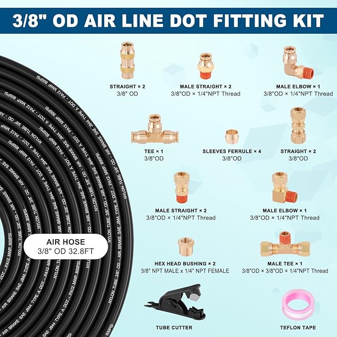21pcs 32.8FT 3/8 Brass DOT Air Line Fittings Kit Quick Push to Connect Fittings 3/8 Inch Compression Air Fittings 3/8 SAE J844 PA12 Nylon Air Brake Line Tubing