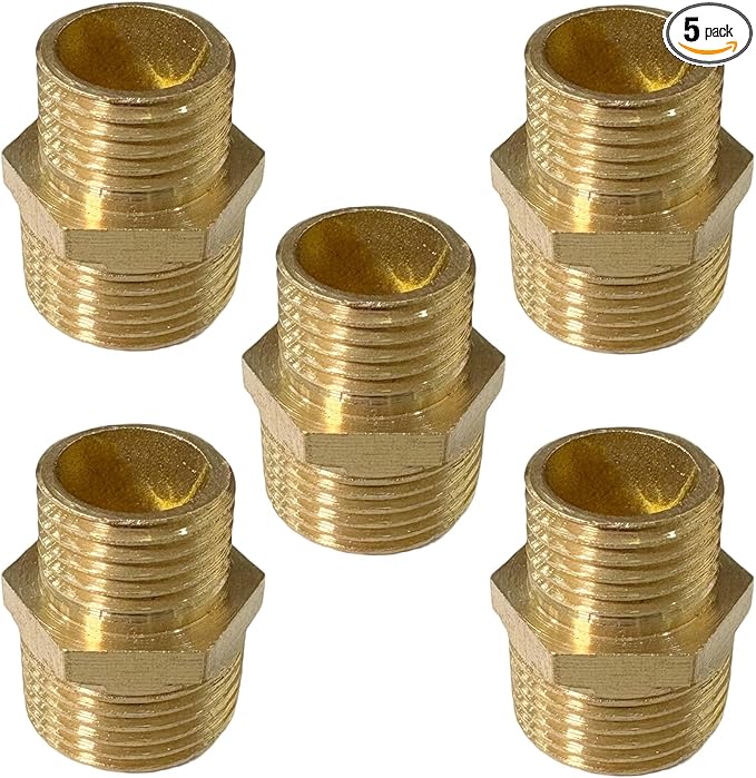 3/8" x 1/4" Male Threaded Hex Nipple Reducer Brass NPT Pipe Fitting Adapter Straight Connectors Pack of 5