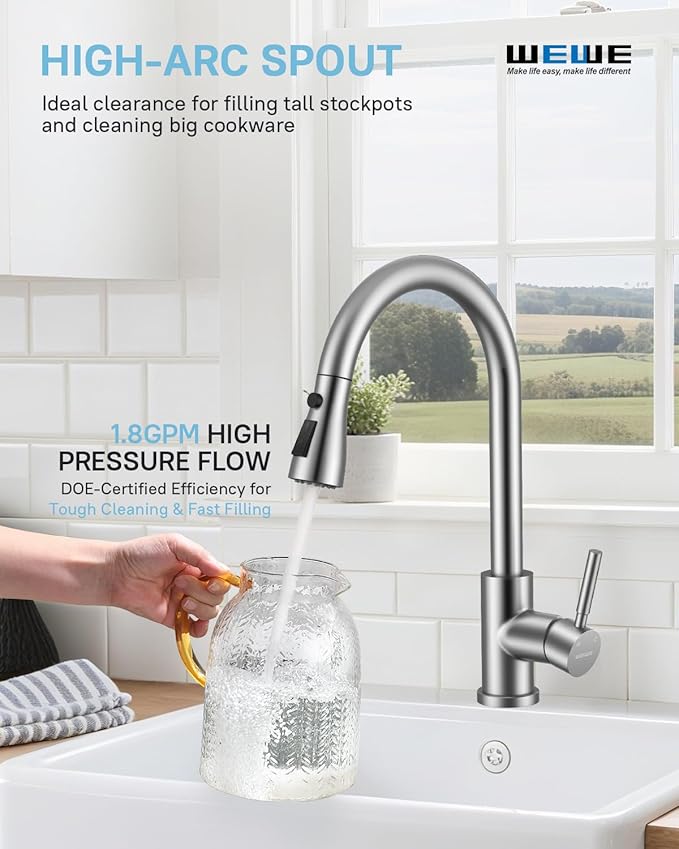 WEWE Kitchen Faucets with Pull Down Sprayer, Leak-Proof Stainless Steel Lead-Free Single Handle 1 Hole for Family Kitchen Commercial Camper Laundry Rv Bar, Brushed Nickel Bar Sink Faucet
