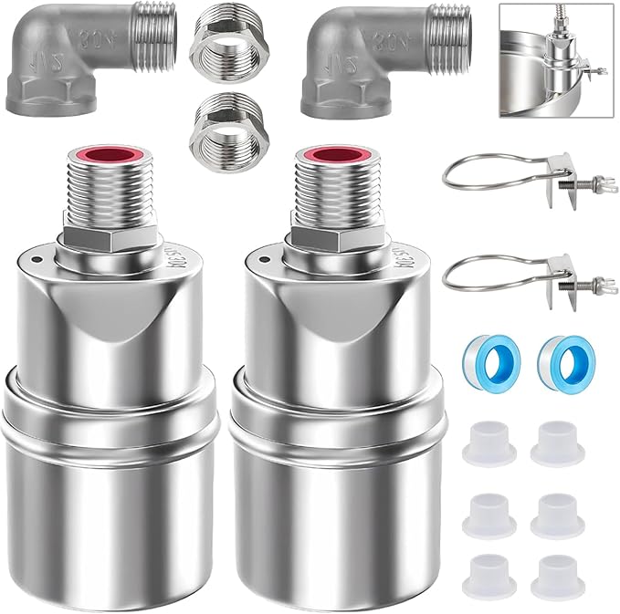 Float Ball Valve with Support, 1/2" 3/4'' 1''Auto Shut Off Ball Mini Float Valve, 304 Stainless Steel Fully Automatic Water Level Control Float Valve for Water Trough, Tank and Livestock(2 Pack)