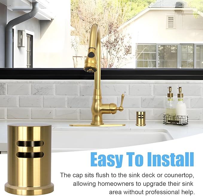 Akicon Brushed Gold Solid Brass Finish Kitchen Dishwasher Air Gap Cover Only, Air Gap Cover for Replacement, Skirted-OH79109BTG