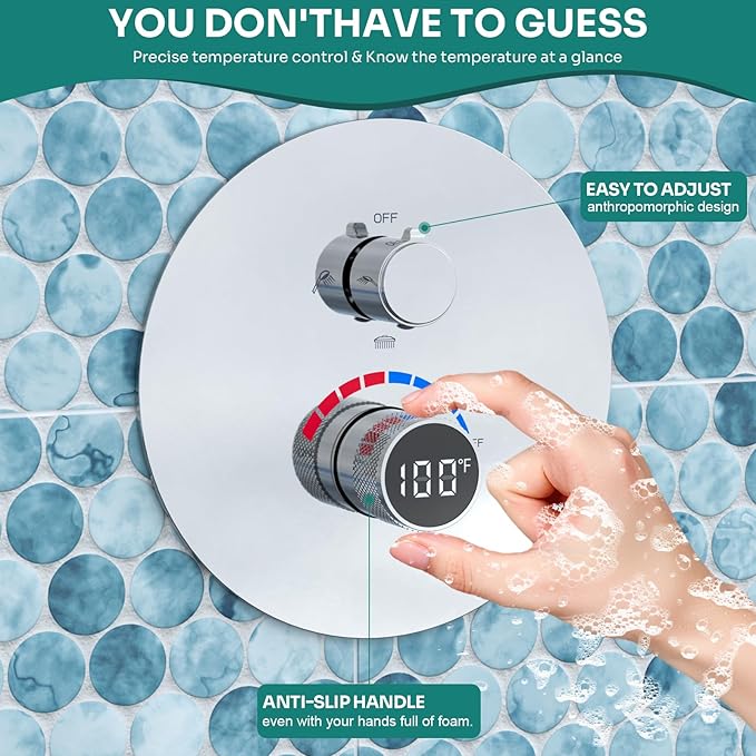 Temperature Display Shower Valve 3 Way Brass Rough-in Mixer and Round Trim Kit, Triple Function Digital Shower Diverter, Chrome