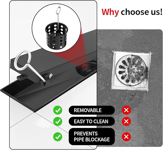 Linear Shower Drain, 304 Stainless Steel with Adjustable Leveling Feet, Hair Strainer,Reversely Install Place to Create an Invisible Floor Drain - Black -16-Inch