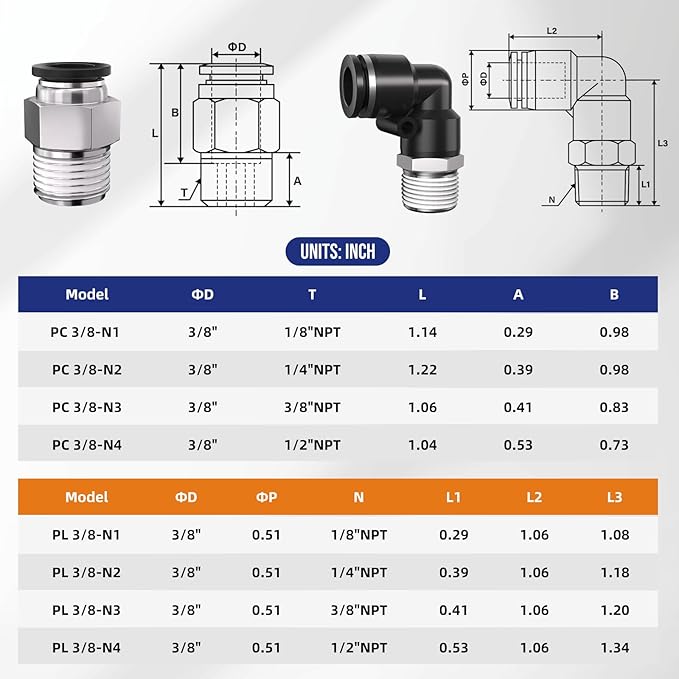 3/8" Tube OD to 1/4" NPT Thread Push to Connect Fittings,Pneumatic Quick Air Hose Fittings,Male Straight + Elbow,PC+PL(12pcs)
