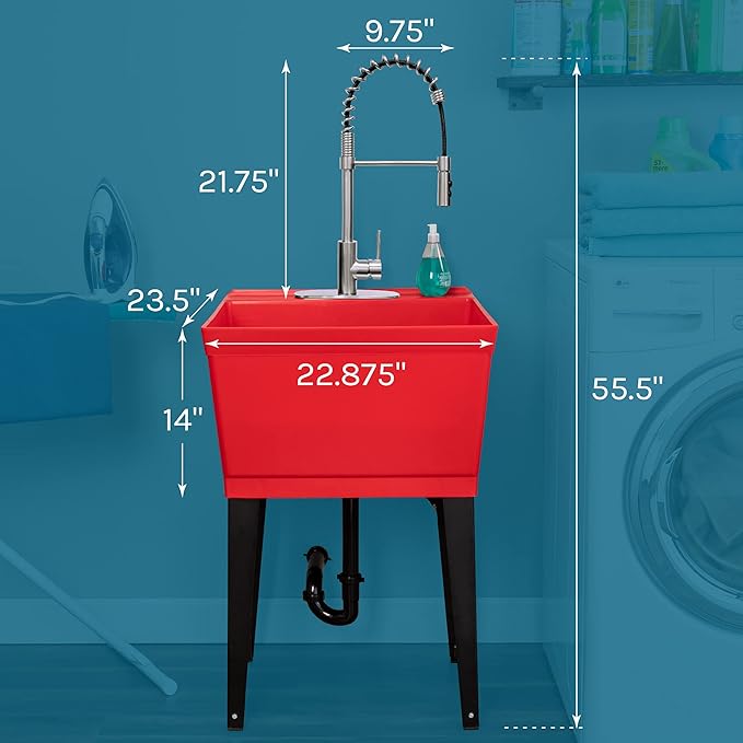 Utility Sink Extra-Deep Red Laundry Tub with High-Arc Stainless Steel Coil Pull-Down Sprayer Faucet, Integrated Supply Lines, P-Trap Kit