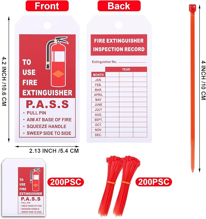 200 Sets Fire Extinguisher Inspection Tags with 200PCS Adjustable Zip Ties and 200PCS Monthly & Annual Safety Inspection Tags for Fire Equipment, 4.2 x 2.1 Inch